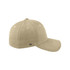 A beige fitted cap with a six-panel design and a small logo on the side.