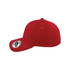 A red fitted cap with a six-panel design and a logo on the side.