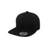 A black fitted cap with a flat peak, featuring a six-panel design and a logo on the side.