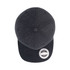 A flat peak, six-panel fitted cap in dark grey, featuring a circular logo on the front.