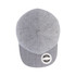 A flat peak cap in grey, featuring six panels and a circular logo on the side.