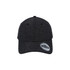A black six-panel snapback cap with a logo, featuring a textured fabric design.