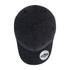 A dark grey snapback cap with a six-panel design and a logo on the side.