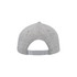 A grey snapback cap featuring a textured fabric and an adjustable strap at the back.