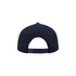 A navy blue snapback cap with a six-panel design and adjustable strap at the back. It features a logo.