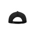 A black snapback cap featuring a curved peak and a vented design, with an adjustable strap at the back.