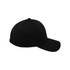 A black cap made from recycled polyester, featuring a logo on the side and a curved peak.