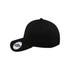 A black cap made from recycled polyester with a circular logo on the front. It features a curved brim and structured fit.