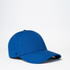 A blue 6-panel recycled cotton baseball cap with a logo.