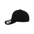 A black 6 panel baseball cap featuring a round crown and a curved brim, with a logo on the tag.