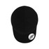 A black 6 panel baseball cap featuring a logo on the side and a smooth, structured crown.