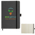 A grey recycled leather notebook with an elastic band and a logo, featuring lined pages inside.