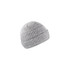 A grey ribbed beanie with a rolled cuff and a logo. Suitable for casual wear and outdoor activities.