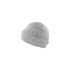 A striped grey beanie with a fold-up brim, featuring a logo. Ideal for warmth and style in cooler weather.