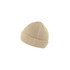 A beige ribbed beanie with a fold-up cuff and a logo. Suitable for casual wear or outdoor activities.
