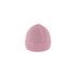 A pink, ribbed beanie with a folded cuff and a small logo on the side.