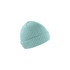 A mint green ribbed beanie with a folded cuff and a logo.