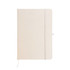 A cream-coloured A5 notebook with a flexible cover and an elastic band closure, featuring a logo.