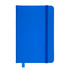 A blue pocket notebook with a textured cover and an elastic band. It has a ribbon bookmark and includes a logo.