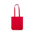 A red coloured tote bag with long handles and a rectangular shape. The bag has a simple design and includes a logo.