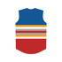 A sleeveless baseball jersey featuring a blue top with horizontal stripes in yellow, grey, red, and white, and a red bottom.