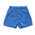 A pair of blue sports shorts featuring an elastic waistband and a drawstring, designed for youth rugby.