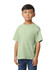 A youth midweight T-shirt in light green, featuring short sleeves and a loose fit. The shirt has a logo.
