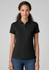 A black women's short sleeve polo shirt with a collar, featuring a logo. Model is wearing it with jeans.