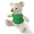 A plush bear in a green shirt, featuring a light cream body and brown nose, sitting upright.