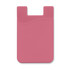A pink silicone phone wallet with a wave design and a cut-out section at the top. Features a logo.