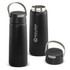 A drink bottle in matte black with a grey handle and built-in speaker, featuring a stainless steel interior and logo.