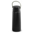 A drink bottle in matte black with a green handle, featuring a built-in Bluetooth speaker and a textured lid.