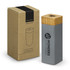 A light grey power bank with a bamboo top, displayed next to its cardboard packaging, featuring a logo.