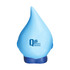 A blue water drop stress reliever with a rounded base and a logo on the front.