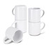A stack of four white Neva stackable coffee mugs, including one tilted mug. The mugs have handles and a smooth finish.