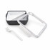 A square black and white lunch box with a clear lid and a white fork beside it. It features a logo on the lid.