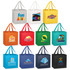 A collection of tote bags in various colours with logos, including yellow, orange, green, blue, and black.