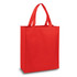 A red tote bag with two sturdy handles and a simple design. It features a branding logo.
