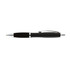 A black metal pen with silver accents, featuring a sleek design and a clip for convenient attachment.