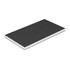A small black notebook with a plain cover and white edges, featuring a logo on the front.
