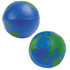 A blue and green globe-shaped stress ball with a smooth finish and a logo.