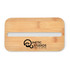 A bamboo lid with a slot and a logo, featuring a natural wood finish.