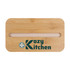 A bamboo lunch box lid with a phone holder slot and a logo, featuring natural wood tones.