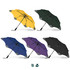 A collection of BLUNT Metro Umbrellas in yellow, green, blue, purple, and black, featuring a logo on the handle.