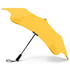 A yellow umbrella with a curved canopy and a sleek black handle, featuring a logo on the shaft.