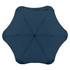 A navy blue umbrella with a sleek, aerodynamic design and a central button for opening. It features a logo.
