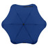 A blue BLUNT Metro Umbrella with a unique design and a central button for opening. It features a logo on the handle.