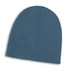A blue cable knit beanie with a ribbed texture, featuring a branding logo.