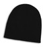 A black cable knit beanie with a ribbed texture and a logo on the side.