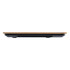 A black kitchen scale with a wooden top, featuring a sleek, modern design and a branding logo.
